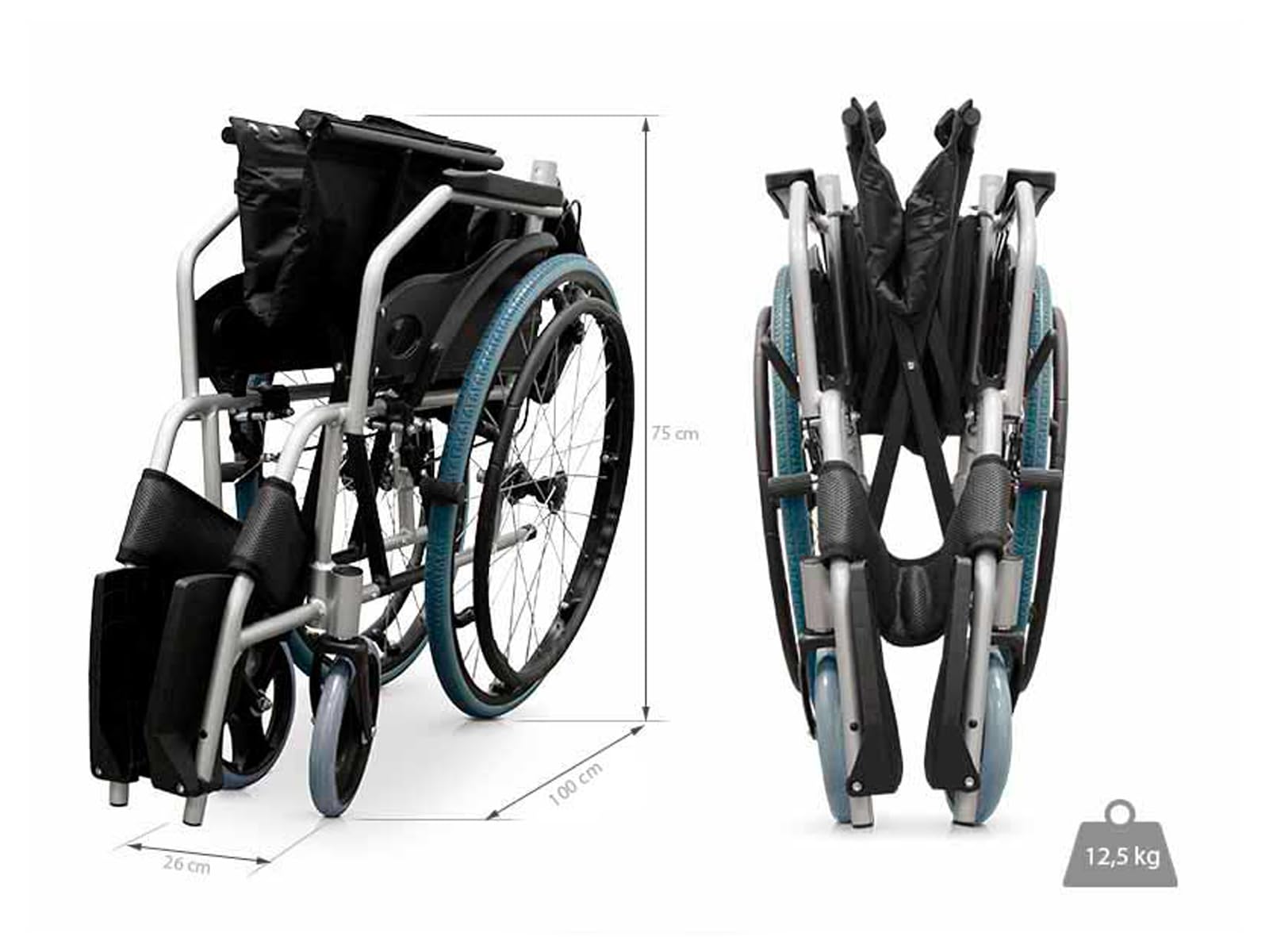 QUIRUMED Silla de ruedas manual de aluminio, Plegable, Ligera, Ancho asiento 46 cm, Frenos de maneta, Acolchada, Para minusválidos, Para personas mayores, Hasta 110 kg