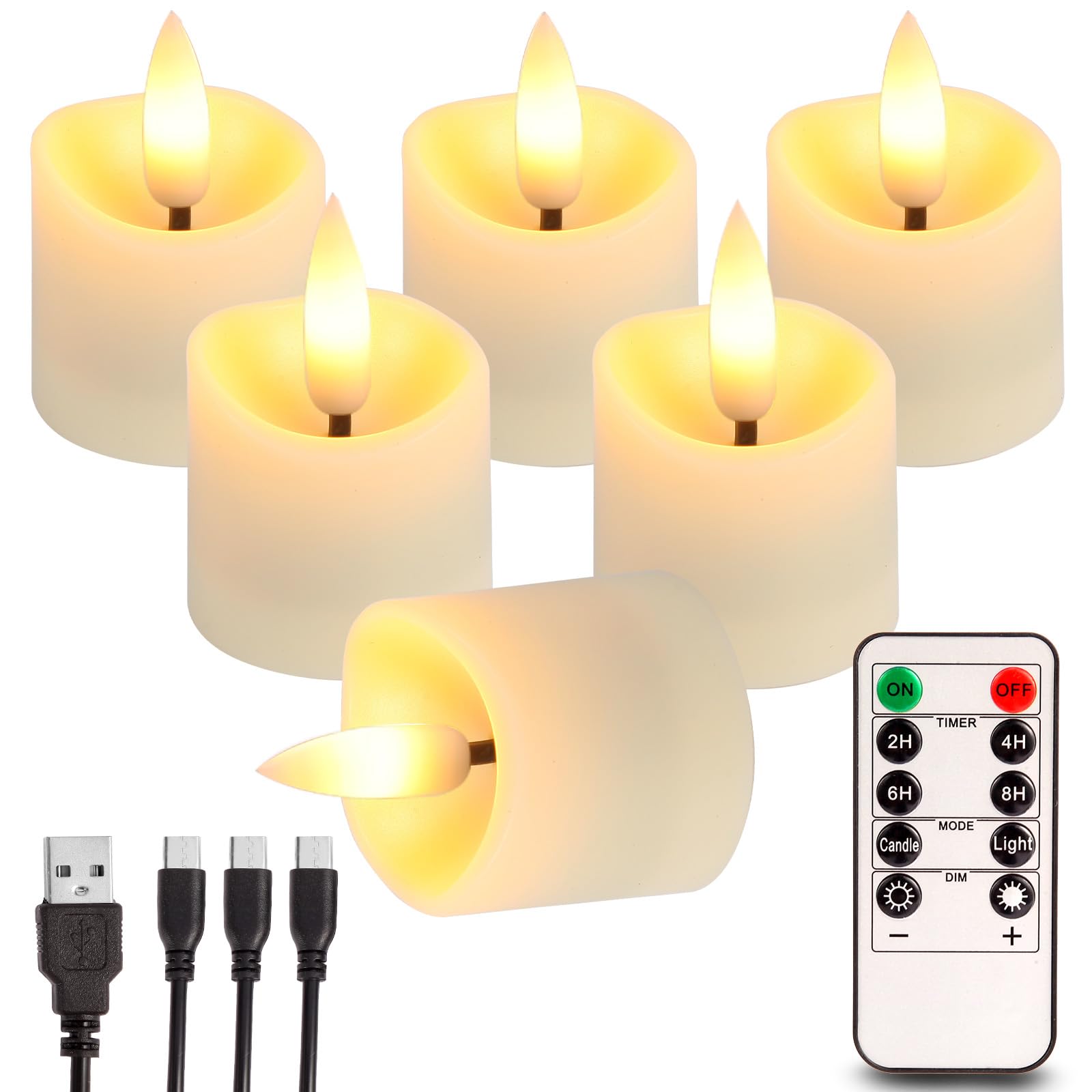 Rechargeable Flameless Tea Light Candles with Timer Remote, 1.5"x2.2" Electric Fake Flickering Votive Candles for Aniversary Wedding Centerpiece Table Decor Funeral Halloween Christmas (6 Pack)