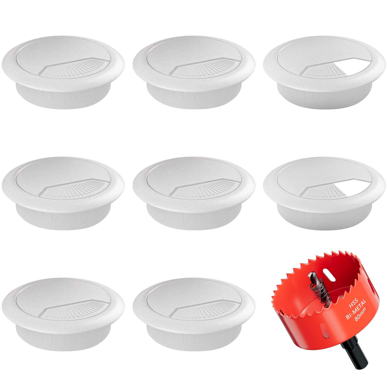 Desk Grommet 3-1/8 inch (80mm) 8 Pieces - White Desk Cable Grommet Desk Cable Hole Covers with Hole Saw for TV, Office, Wires Through Countertop and