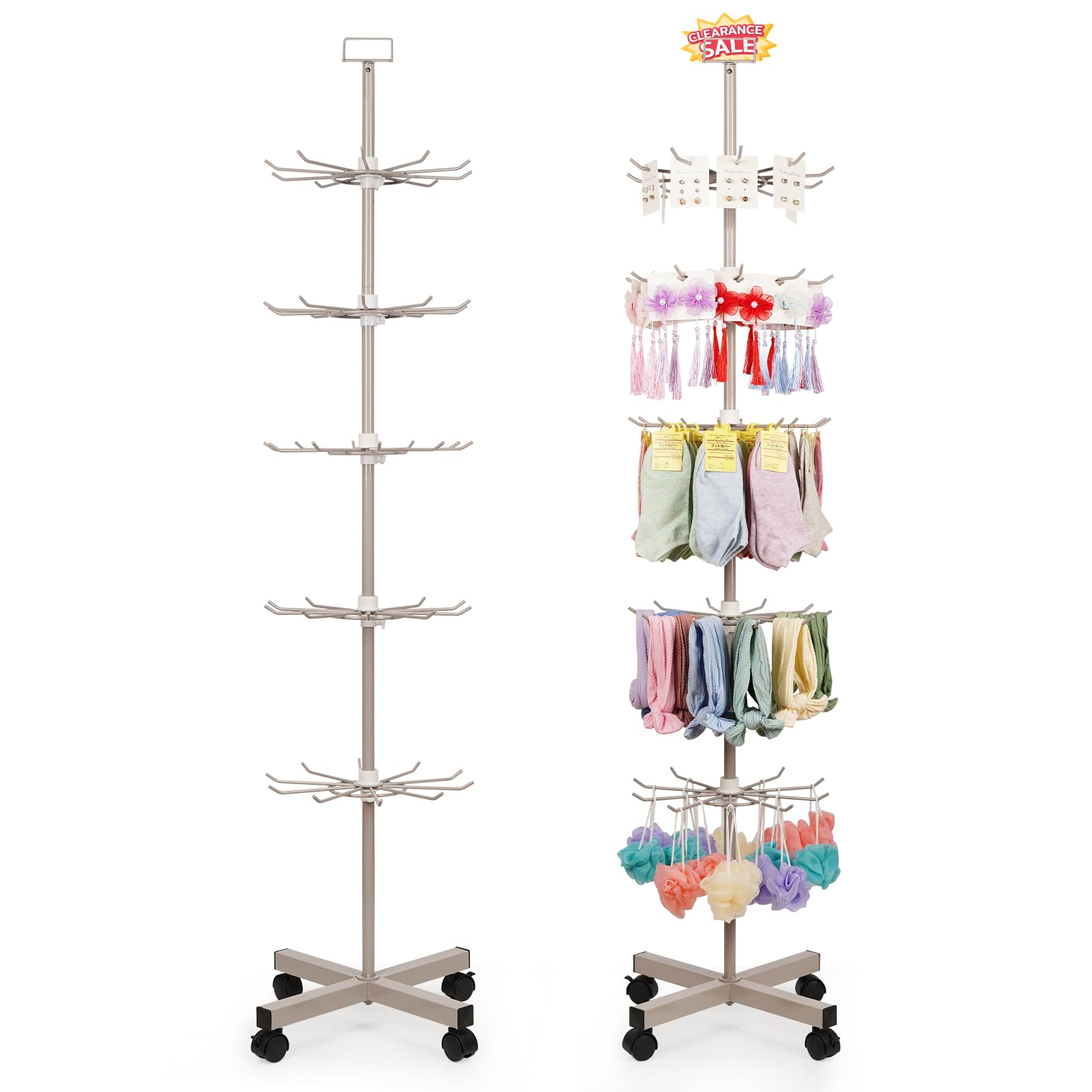 Exttlliy Retail Display Stand Store Display Rack 5 Tier Metal Spinning Display Stand Rack with Wheels Keychain Jewelry Stocking Hat Display Stand with