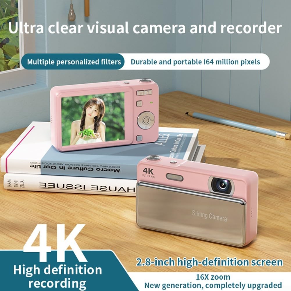 Slider - Fotocamera digitale portatile, 64 MP, zoom digitale 16x, registrazione video 4 K, schermo HD da 2,8 pollici, stabilizzazione elettronica, per studenti, viaggi, colore argento (rosa)