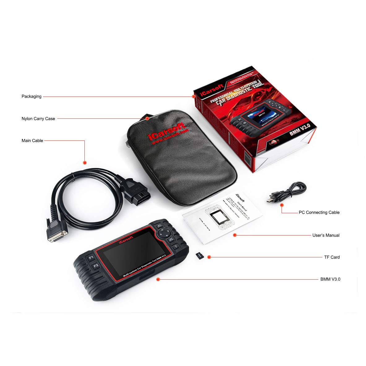 iCarsoft BMM V3.0 professionelles und leistungsstarkes Universal Diagnosegerät für BMW Mini Rolls Royce Fahrzeuge mit 10 cm TFT- Farbbildschirm, OBDII Funktionen, CANBUS, Schwarz