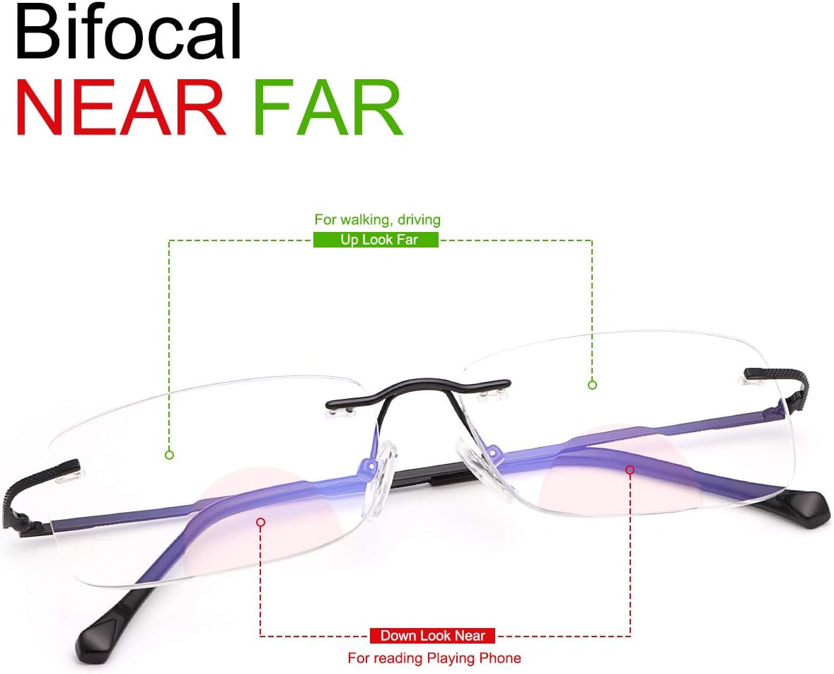 Rimless Clear Bifocal Reading Glasses Blue Light Blocking Readers for Men and Women Unisex Eyewear Far Near Dual-Use Lightweight Magnifying Anti Glare UV Digital Reduce Eyestrain Fashion Eyeglasses