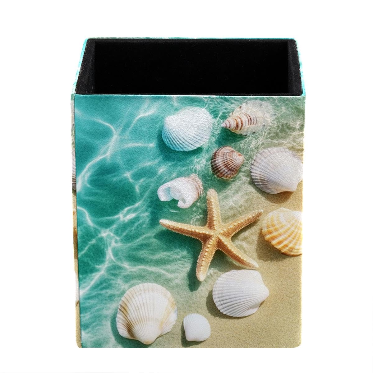 Beach Starfish Seashell Pen Holder Pen Pot, Square Pencil Cup for Desk