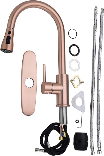 Miniatura 6 de Delle Rosa Grifo de cocina, grifo de cocina dorado cepillado con rociador extraíble, 2 modos de agua, giro de 360 grados, arco alto, preenjuague de