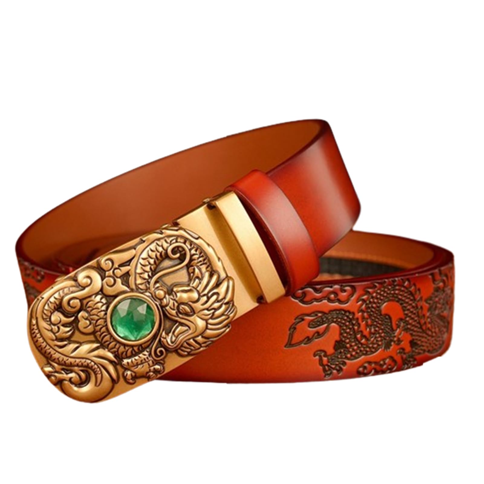 Cinturón De Trinquete For Hombre, Piel Auténtica, 3,5 Cm Ancho, Con Cierre Automático, Hebilla Deslizante Y Escultura Grabada Decorativa