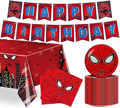 83PCS Spider Birthday Party Supplies, Spider Birthday Decorations for Kids Includes Tableware and Decor with Table Cover, Plates Banner, Napkins, Serves 40