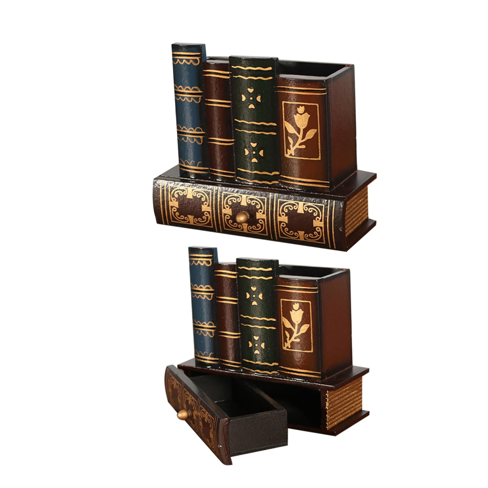 Portalápices Creativo de Madera con Forma de Libro y Cajón, 2 Piezas