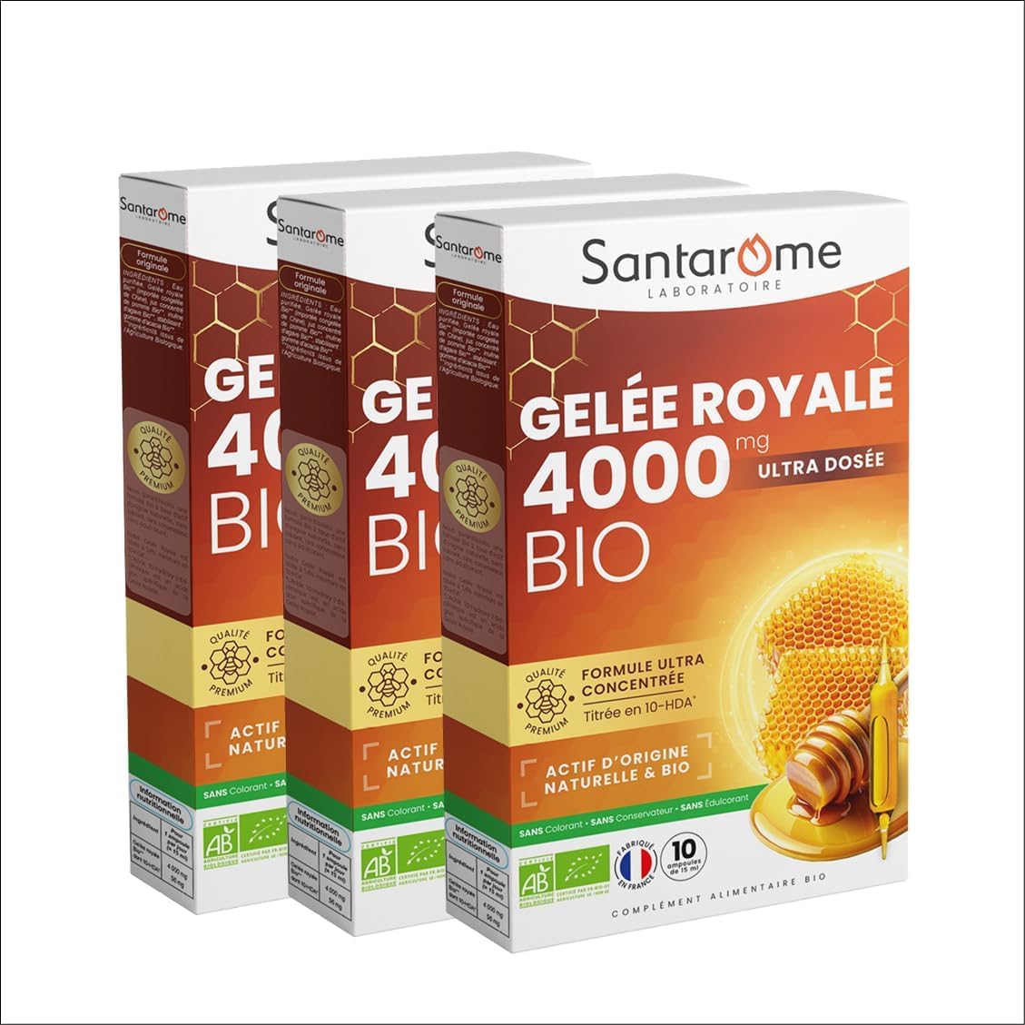 Santarome Gelée Royale 4000mg Bio Complément alimentaire immunité Lot de 3 x 10 ampoules
