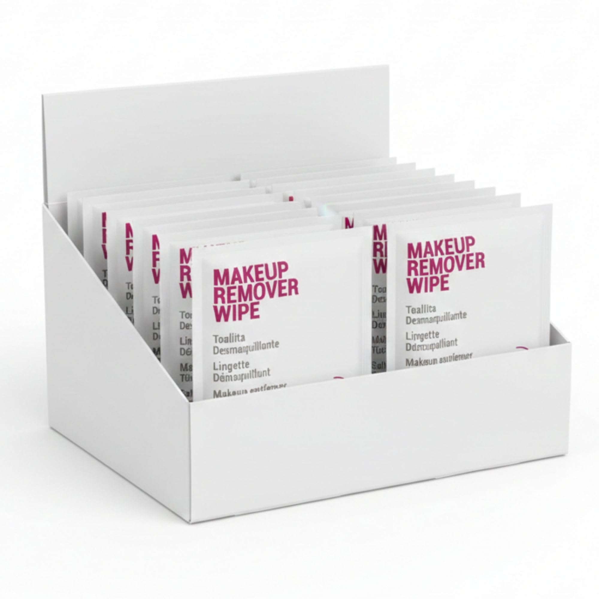 50 Sobres Toallita Desmaquillante – Makeup Remover Wipe monodosis, limpieza facial, formato viaje, amenities baño, kit bienvenida, pack hotel, reposición rápida