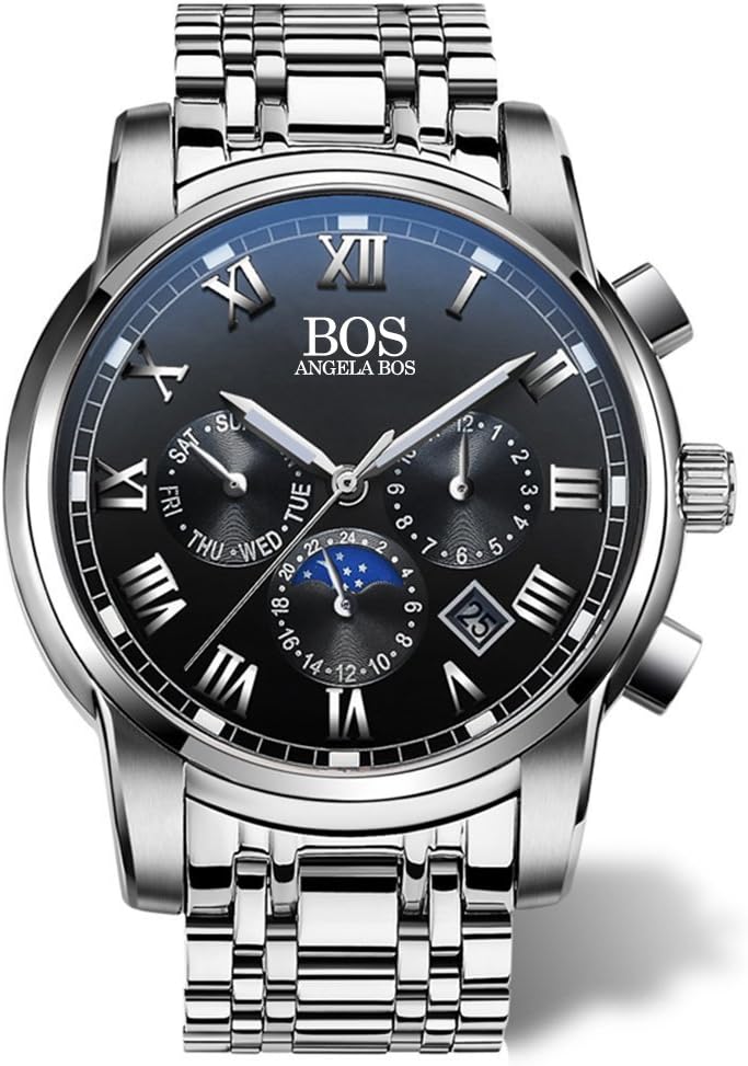 Angela Bos Men's Quartz Wrist Watch Chronograph Stainless Steel Band Black 8006