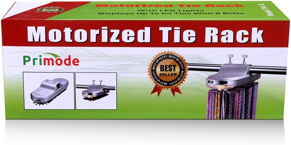 Primode Motorized Tie Rack with LED Lights – Closet Organizer, Stores & Displays Up to 64 Ties Or Belts, Rotation operates with Batteries. Great Gift Idea (Silver)
