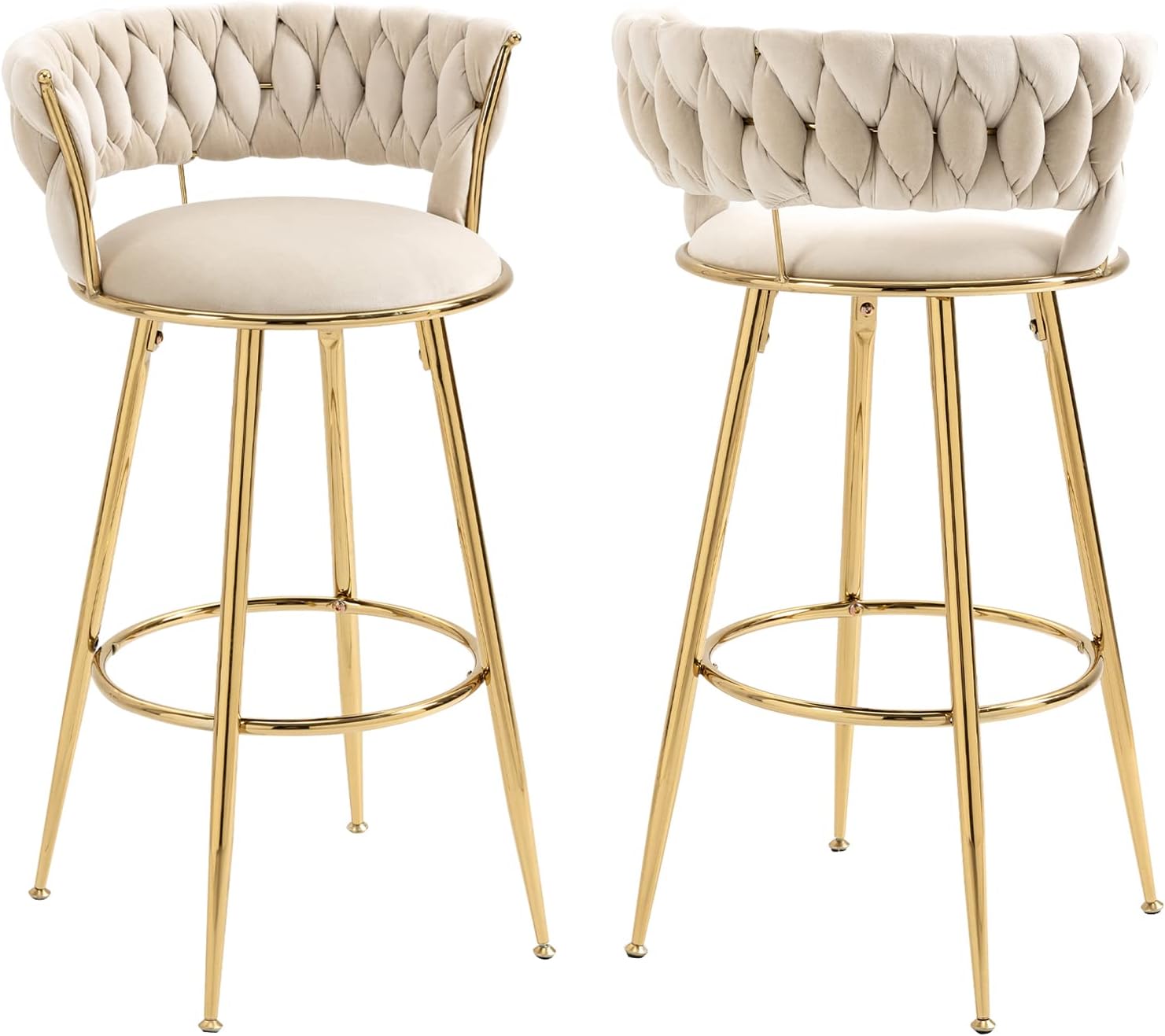 Andeworld Set Of 2 Velvet Bar Stools - 24" Counter Height With Woven Back & Metal Footrest, Ivory