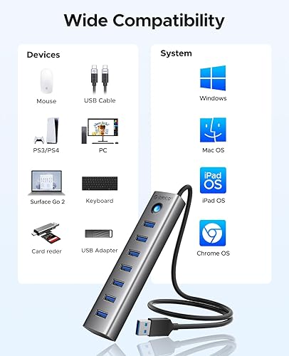 Miniatura 8 de ORICO Hub USB de aluminio de 7 puertos con cable de 1.64 pies, múltiples concentradores USB 3.0, transferencia de datos de 5 Gbps, puerto tipo C 5V