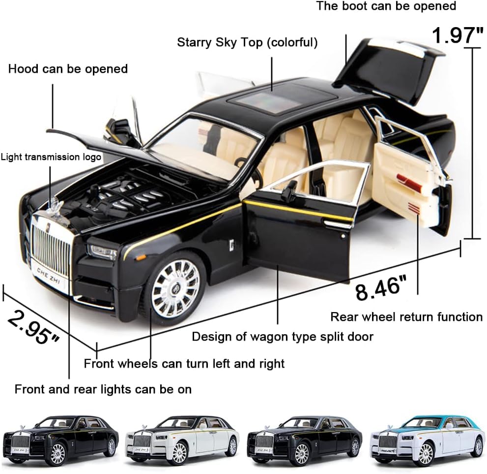 Image of 1 /24 Rolls-Royce Phantom Model Car,Zinc Alloy Pull Back Toy car with Sound and Light for Kids Boy Girl Gift. (Black)