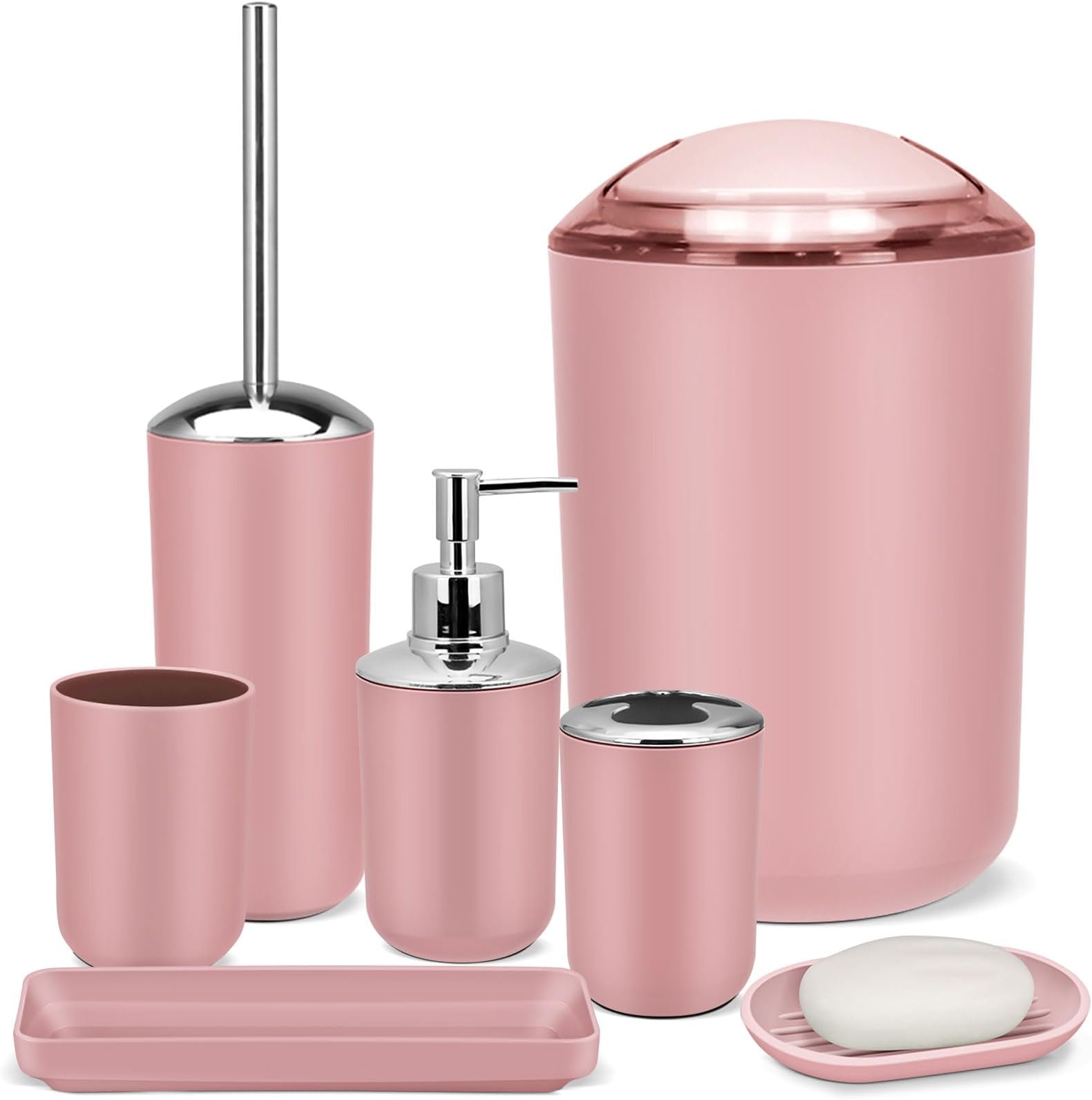 IMAVO Bathroom Accessories Set,Pink Bathroom Set,7 Pieces Bathroom Accessory Set,Tray,Toilet Brush,Trash Can for Bathroom Décor and Housewarming Gifts