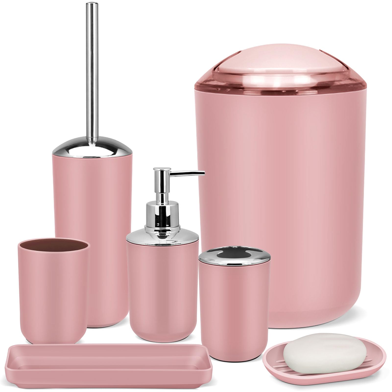 7 Piece Pink Bathroom Set,Soap Dispenser,Toilet Brush,Trash Can & Décor Tray,Complete Accessories for Bathroom Organization & Housewarming Gifts