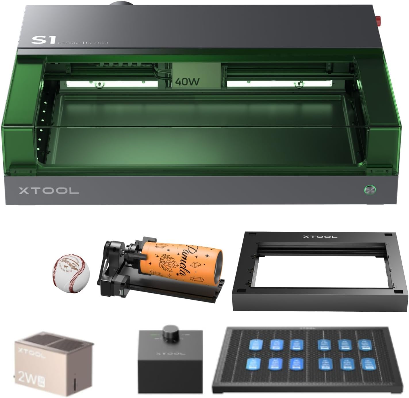 xTool S1 40W Graveur Laser Kit Base & RA2 Pro & Base Surélevée & Module Laser 1064, Gravure Laser Bois Métal et Verre Fermée, 600 mm/s, Approprié pour Métal, Cuir, Acrylique et Verre