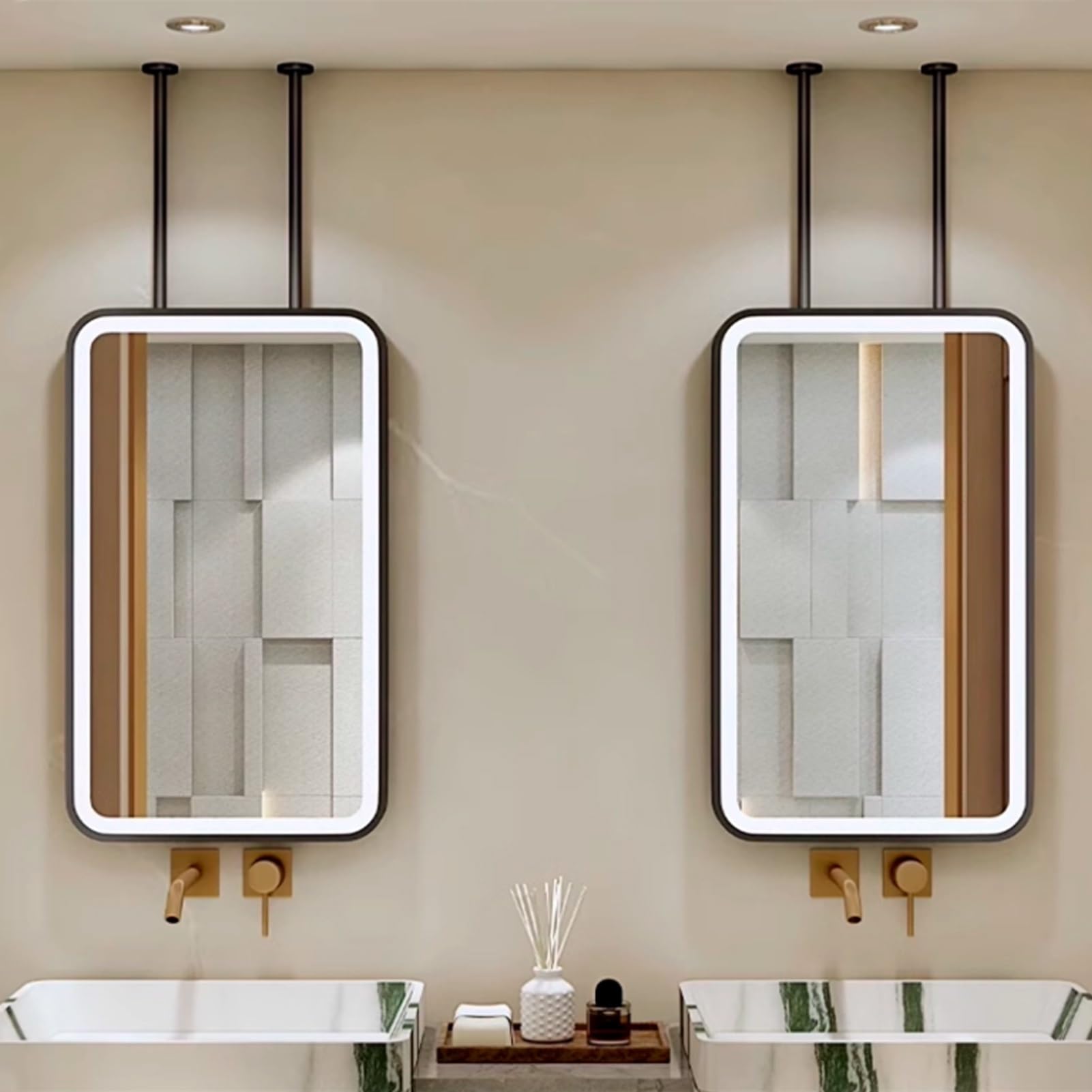 FGXHHS Metal Ceiling Hanging Mirrors with Lights，LED Illuminated Wall Mounted Multifunction Vanity Mirror，Floating Suspended for Home or Hotel(40cmx60cm)