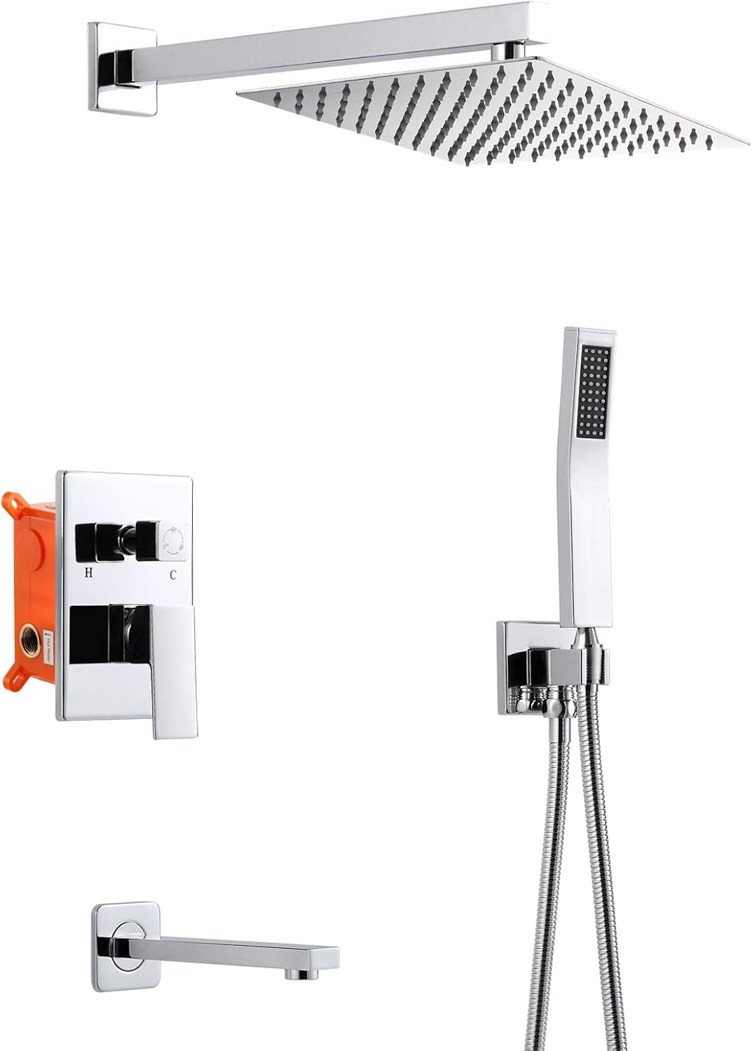 ROVOGO Shower Faucet Set with Tub Spout, Rain Shower and Handheld, 10 inch Bathtub Shower System with Valve and Trim Kit, Made of Stainless and Brass, Square, Chrome