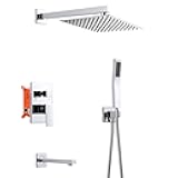 ROVOGO Shower Faucet Set with Tub Spout, Rain Shower and Handheld, 10 inch Bathtub Shower System with Valve and Trim Kit, Made of Stainless and Brass, Square, Chrome