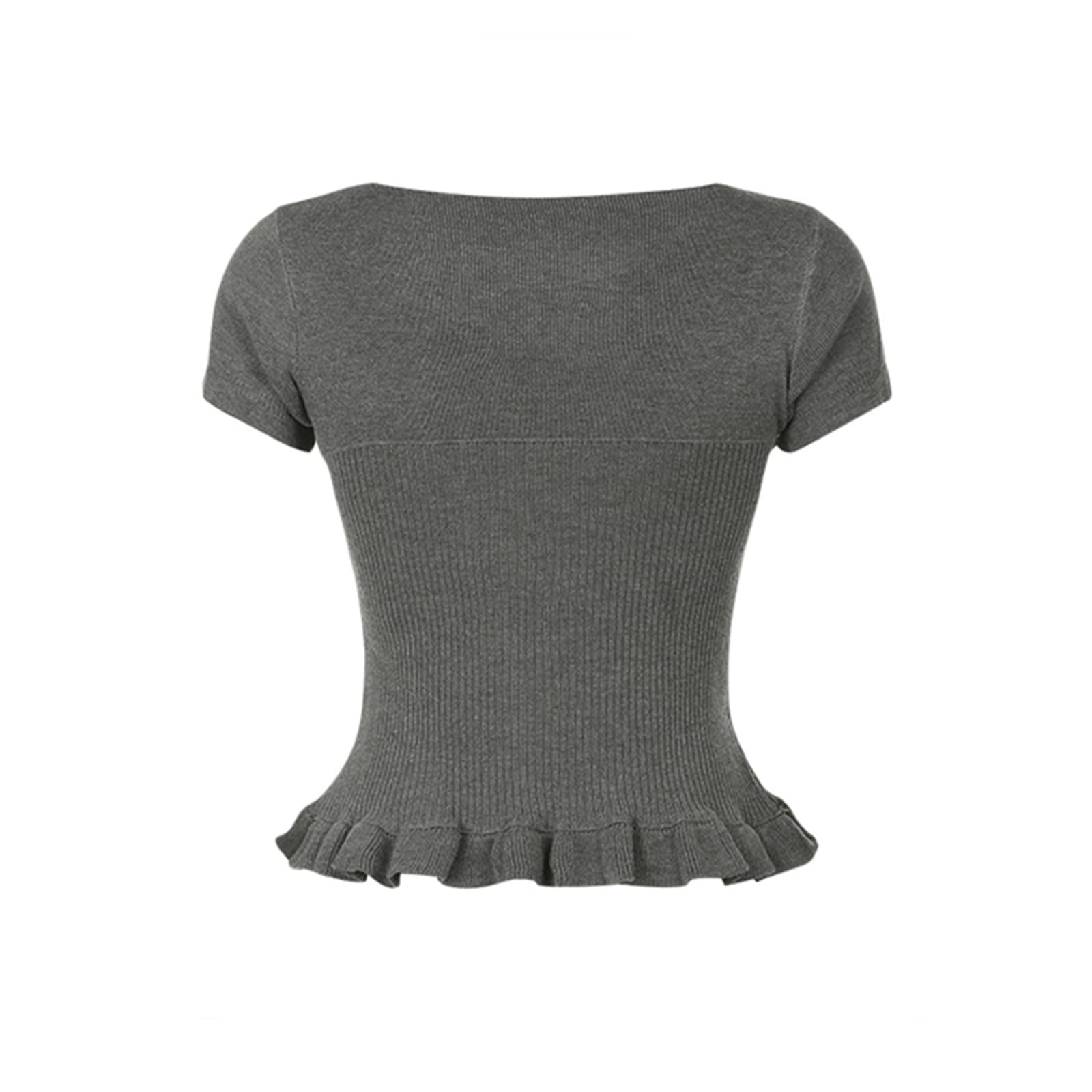 Womens E-Girls Short Sleeve T-Shirt Y2k Lace Trim Crop Tops Crewneck Fairy Grunge Tee Tops Aesthetic Summer Clothes: Medium Grey Bow