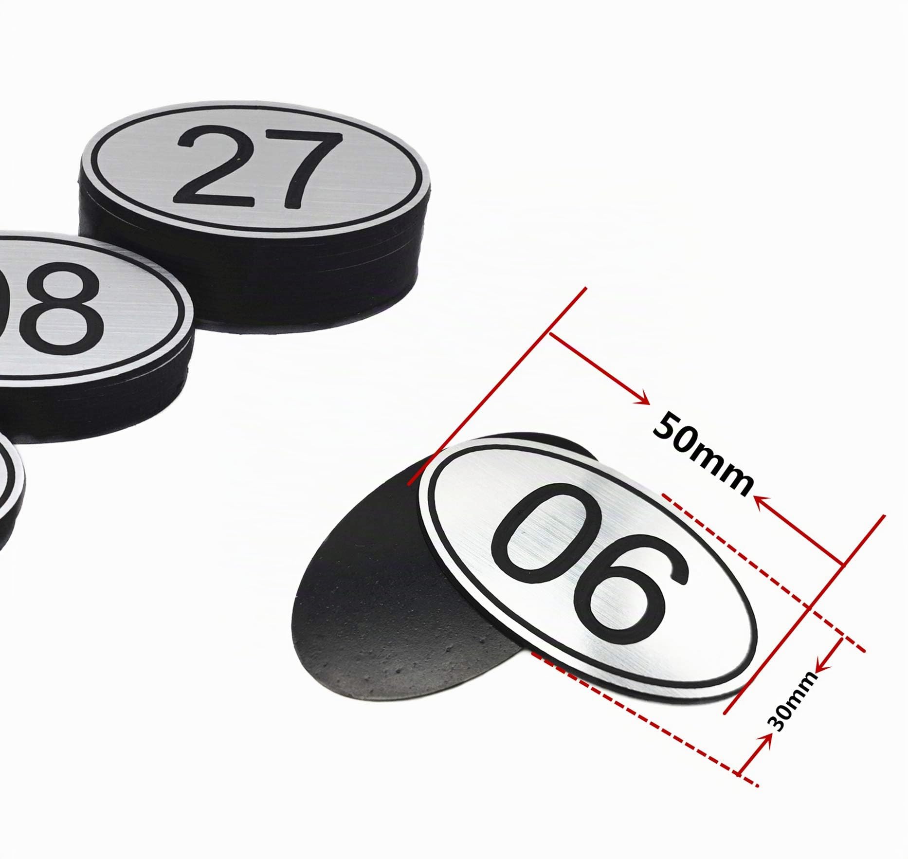PlayCool Numéros de table ovales gravés ABS 30 mm x 50 mm (1–100) pubs, restaurants, clubs – Argent – 1 à 100