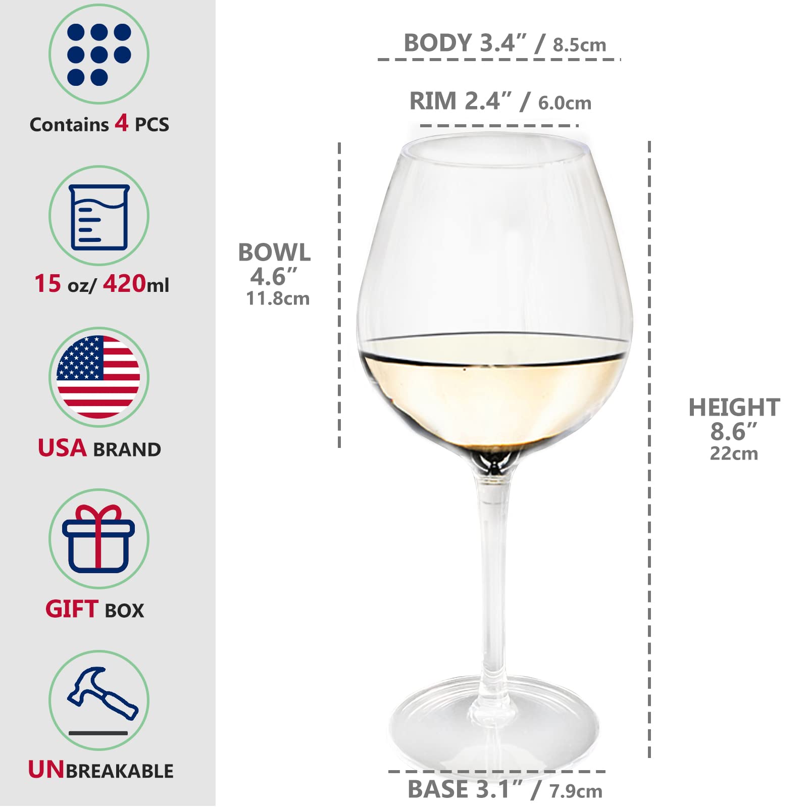 crayline Juego de 6 copas de vino de plástico (15 onzas), copas de vino irrompibles con tallo, 100% Tritan y sin BPA, aptas para lavavajillas, impresionantes para piscina, playa, viajes, piscina