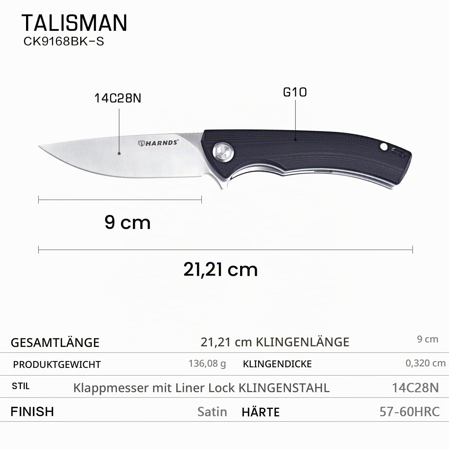 Harnds Talisman Klappmesser Messer mit Clip Folding Knife mit 14C28N StahlKlinge,G10 Griff und Kugellager