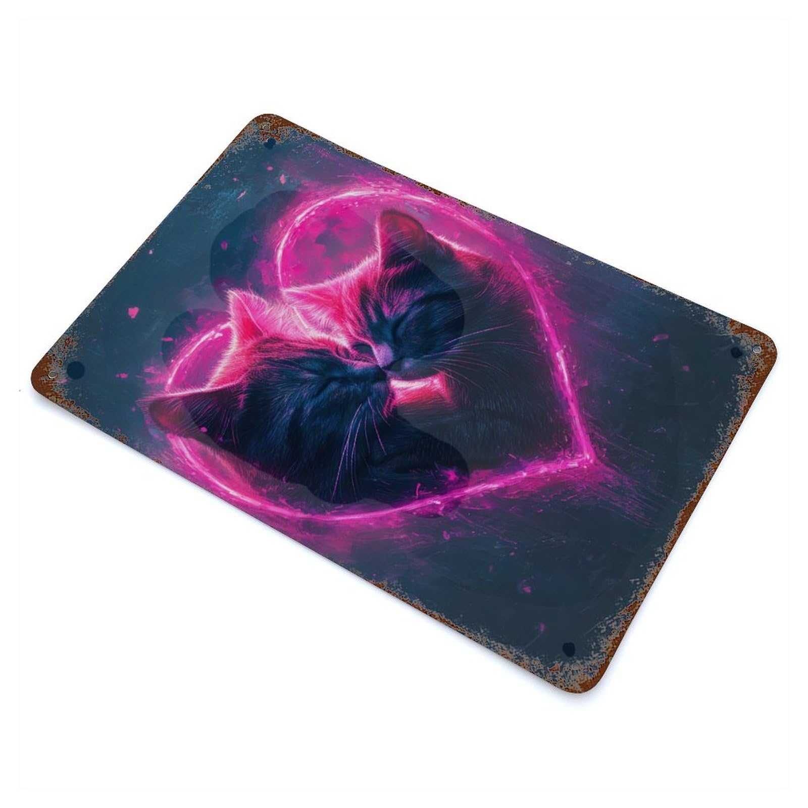 Rust Effect Neon Heart Cats Vintage Rust Metal Sign 11.8"x7.9", Classic Wall Plaque for Shed, Workshop And Garage Wall Decor