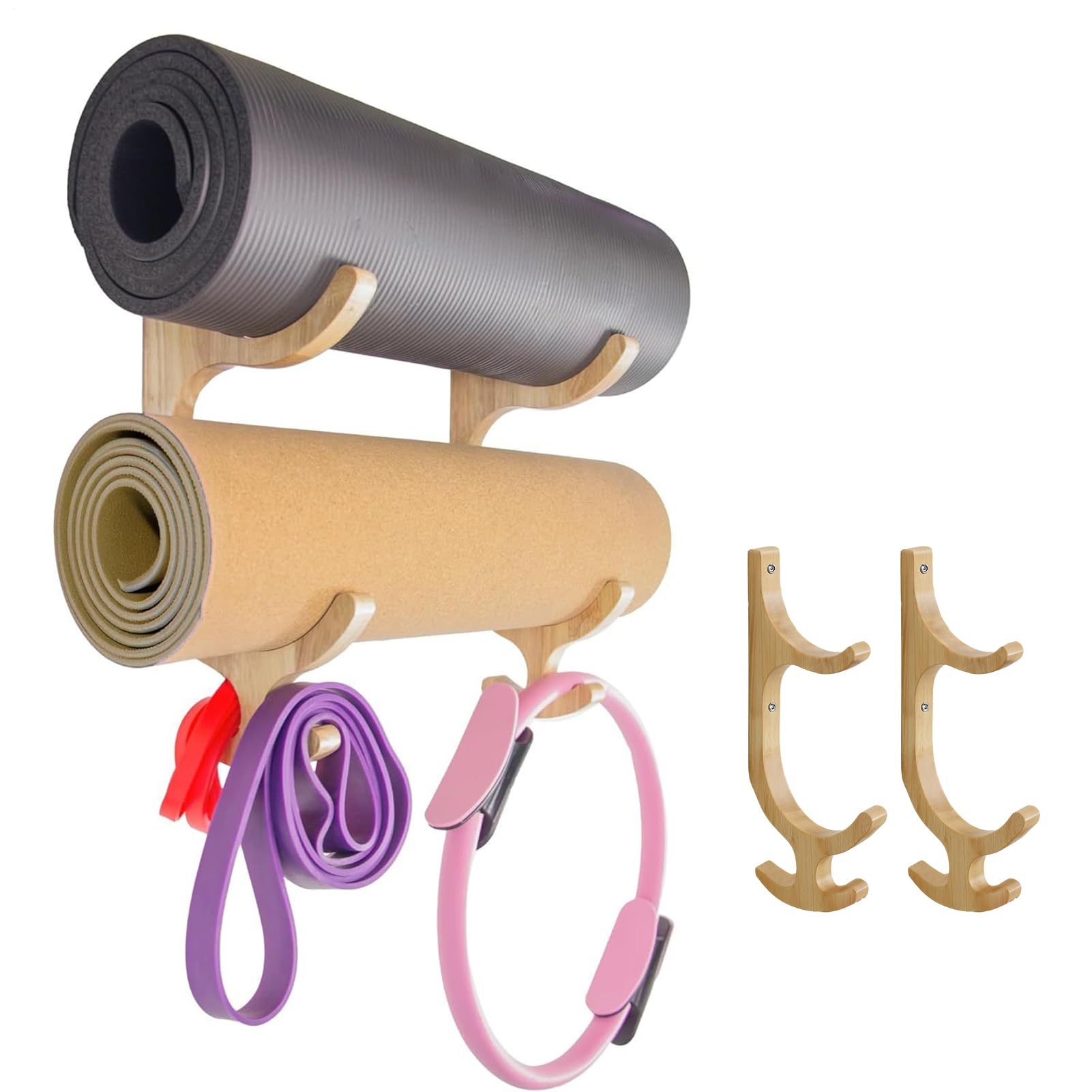 Yogamattenhalter - 1 Paar aus Holz mit 4 Haken - Yogamattenhalter Gestell für die Wand | Für Fitnessstudio Zuhause Wohnzimmer Apartment Schlafzimmer Widerstandsband Sprungseile