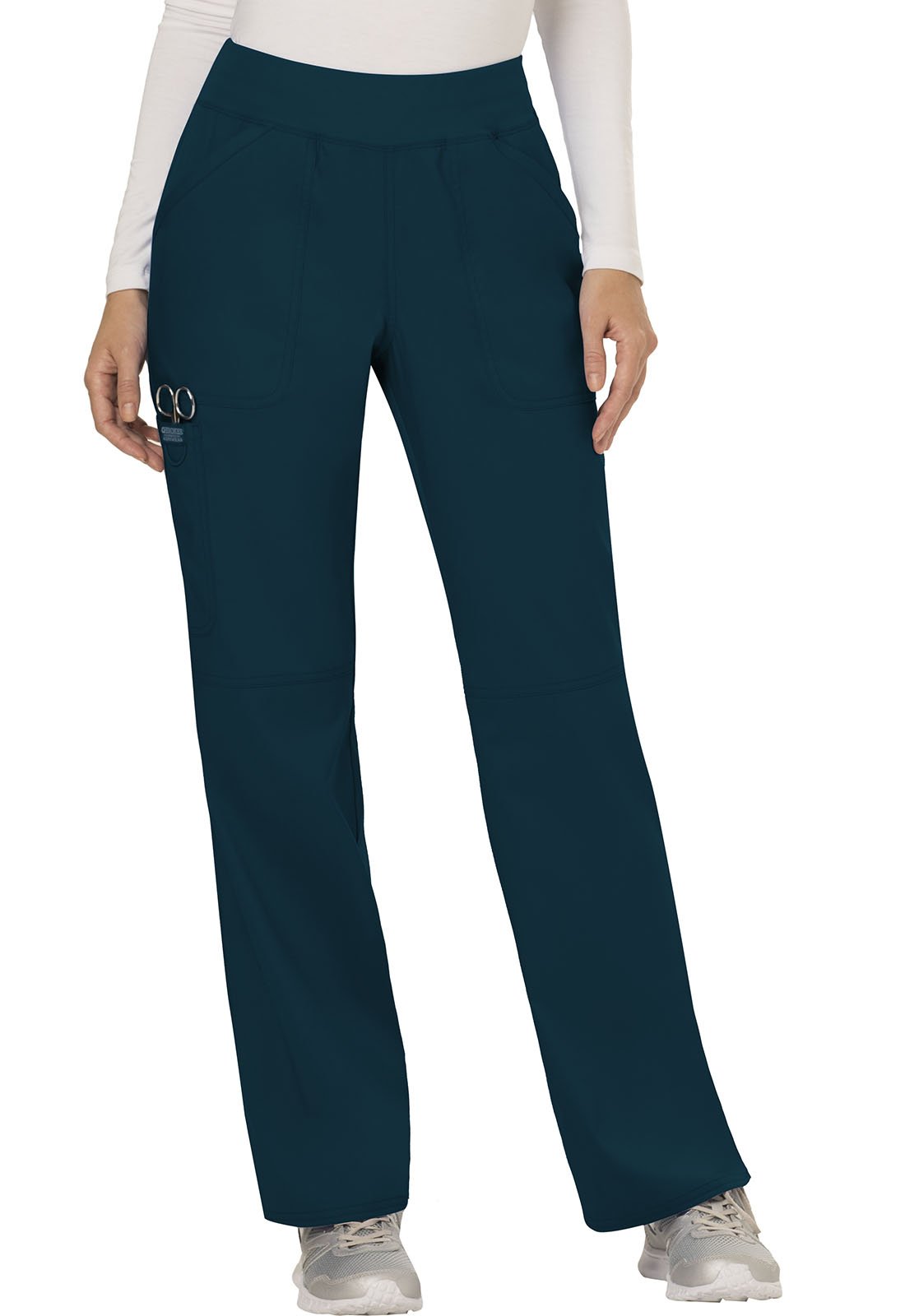 Cherokee Conjunto de uniforme médico para mujer, ajuste clásico moderno, WW610 con tiro medio, pantalón recto WW110, azul caribeño, talla M, pantalón alto