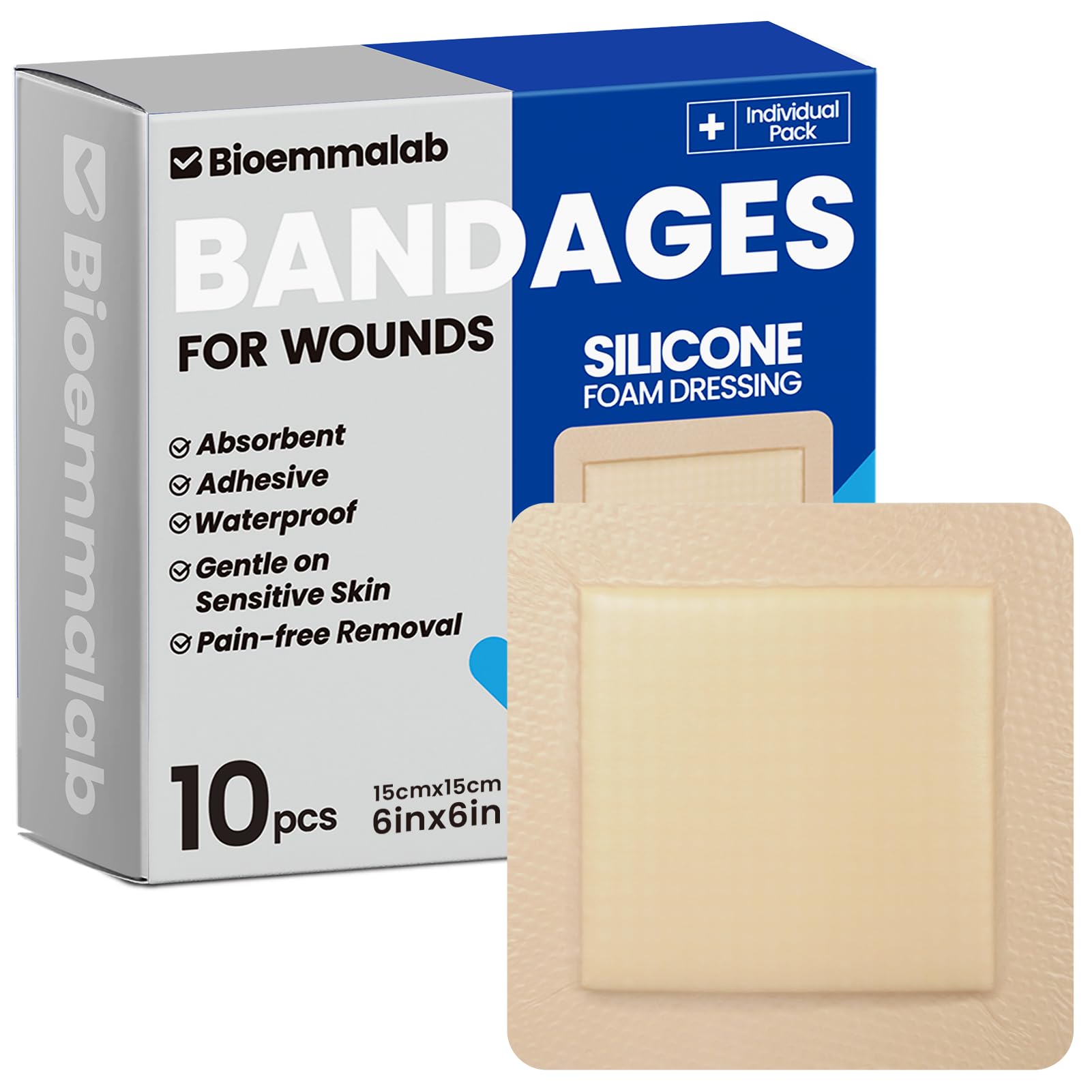 Large Waterproof Bandages 6x6 Silicone Foam Dressing Sensitive Skin, 10 PCS