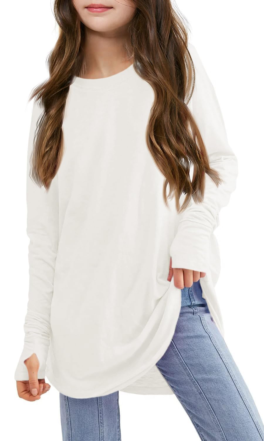 Girls Thumb Holes Long Sleeve Shirts Kids Crewneck