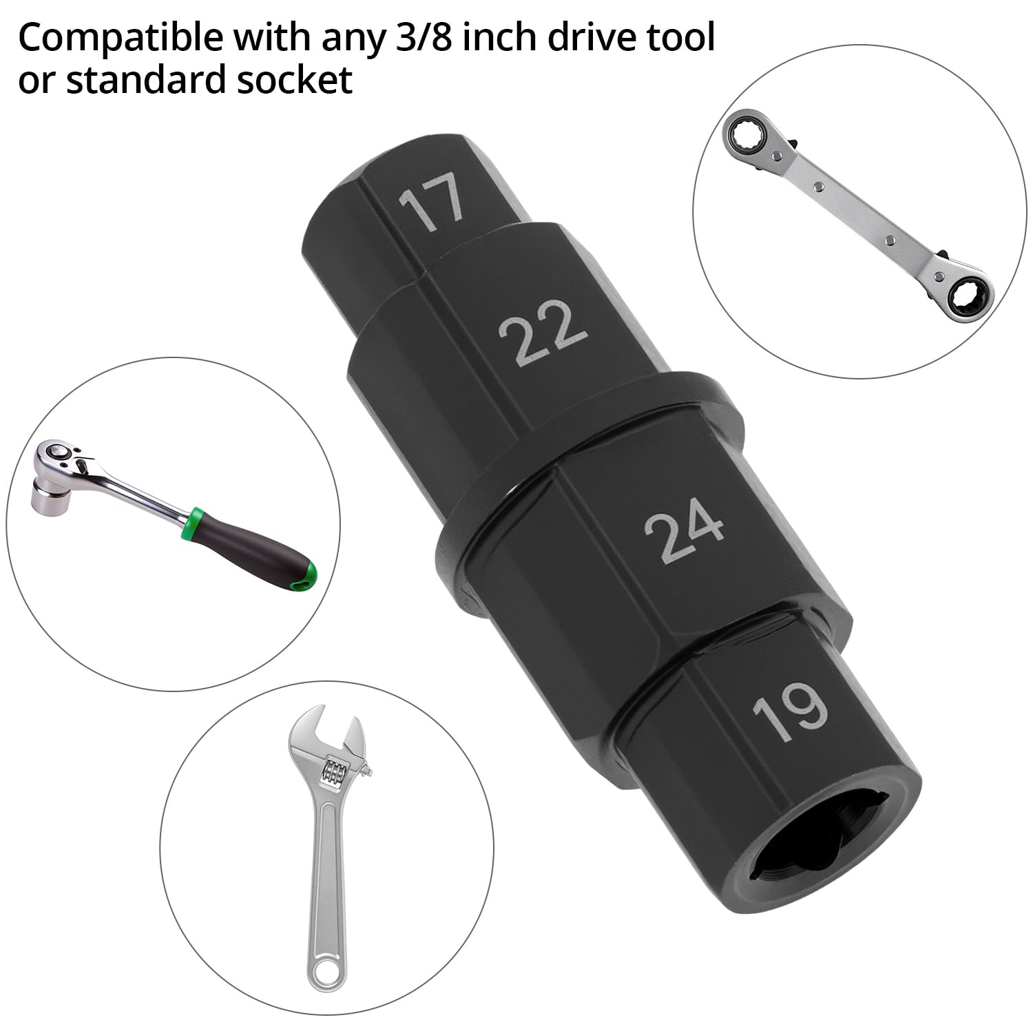 QWORK® Llave Allen para Eje de Motocicleta, Dado Hexagonal de 3/8", 17 mm, 19 mm, 22 mm y 24 mm
