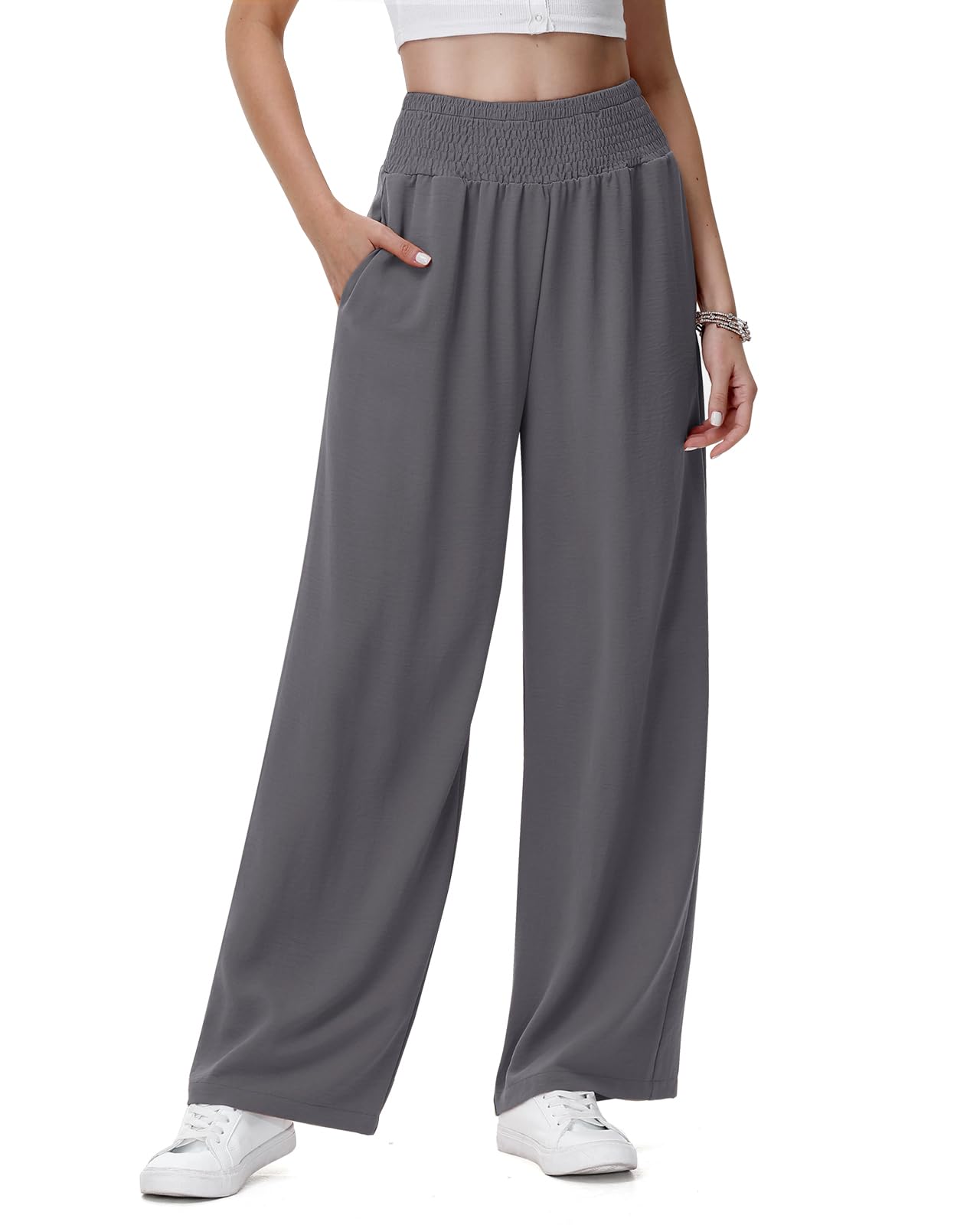 HMIYA Weite Hosen Damen Hohe Taille Lässig Leicht Sommerhose Mit Taschen