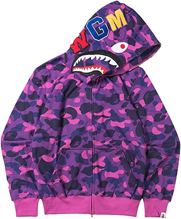 Men 3D Printed Bape Shark Hoodie Hip Hop Long Sleeve Zipper Zipper Camouflage Fashion Street Wear, Purple Right, S