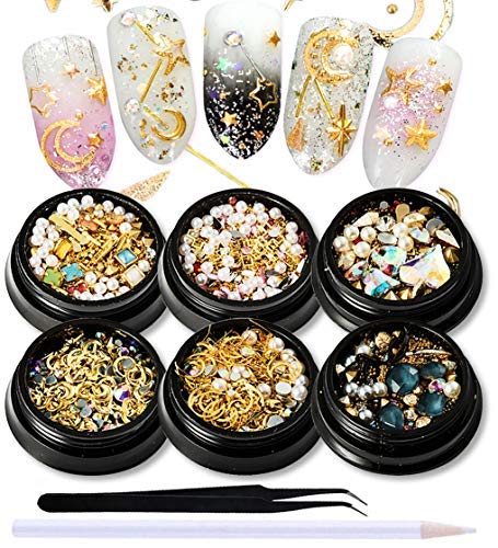 SILPECWEE 6 Boxes 3d Nail Charms Gold Nail Art Charms Flat Back Nail Rhinestone Nail Jewels Nail Gems Pearls for Nails DIY Nail Decoration with 1pc Tweezers, Picker Pencil