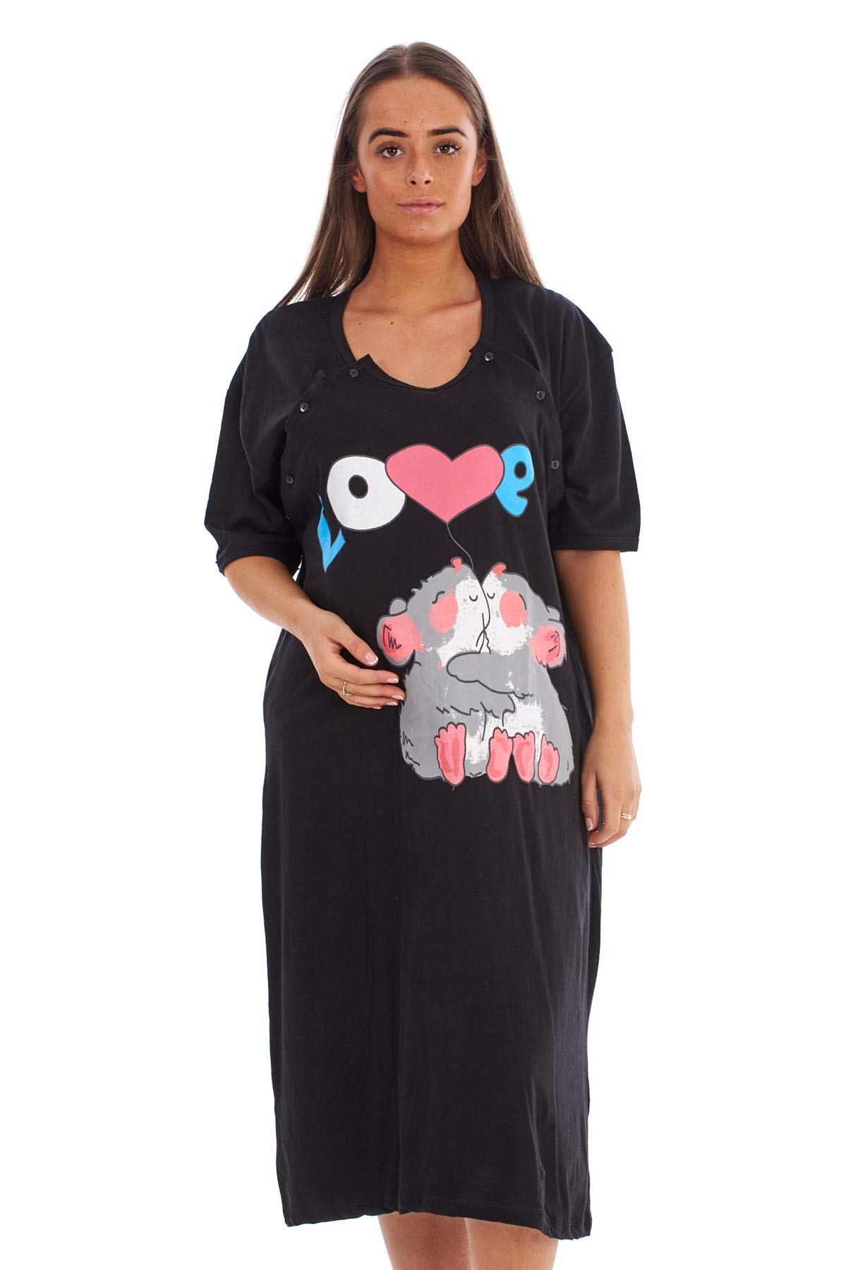 Malay Women's Black Maternity Nursing Nightdress 100% Cotton Motif Print Breast Buttons Labor