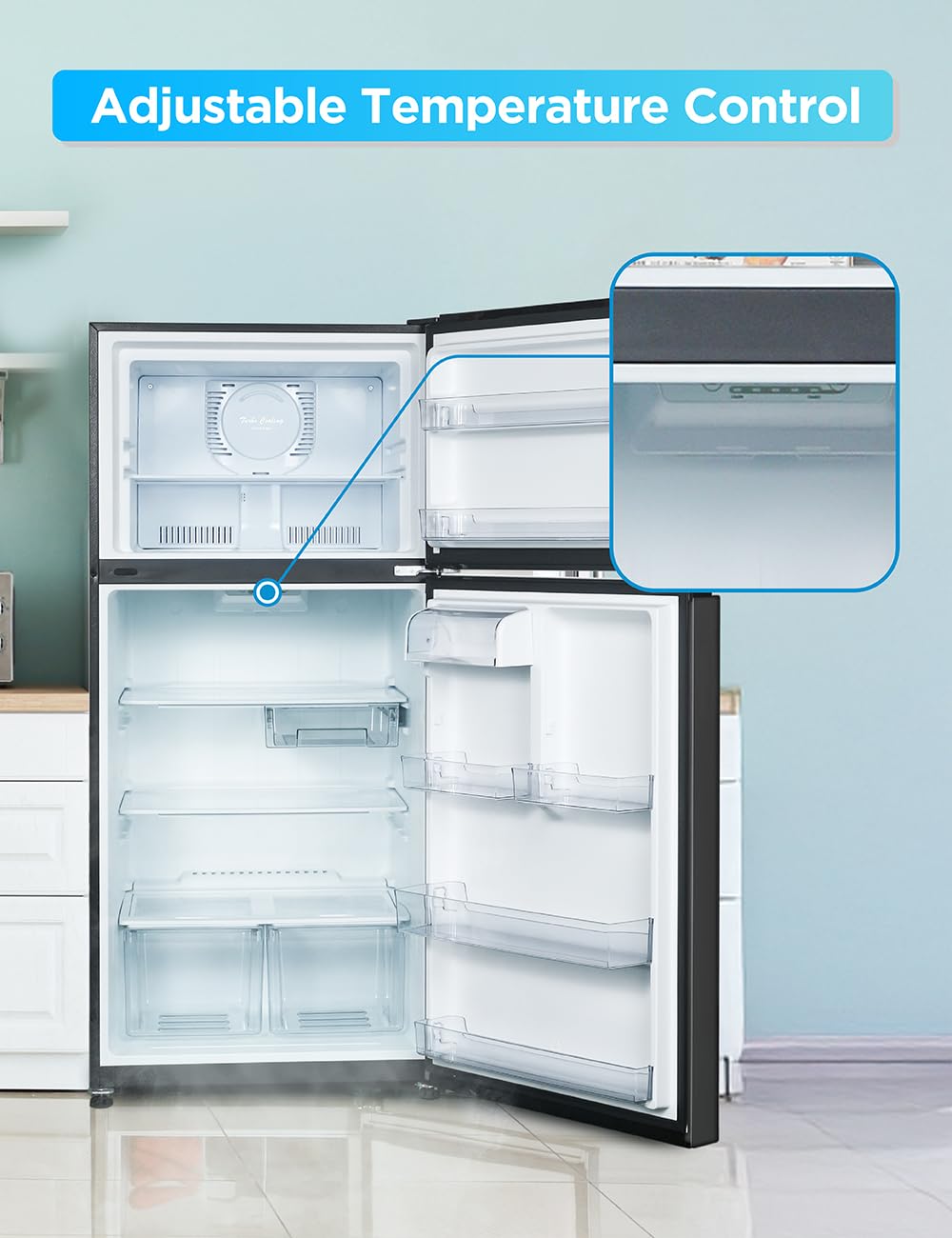 Commercial Cool 18 Cu. Ft. Top Mount Refrigerator With Freezer, 2-Door Refrigerator With Top Freezer And Adjustable Temperature Control, Ice Maker Ready, Energy Star Certified, Black on Fridge.com - View 3