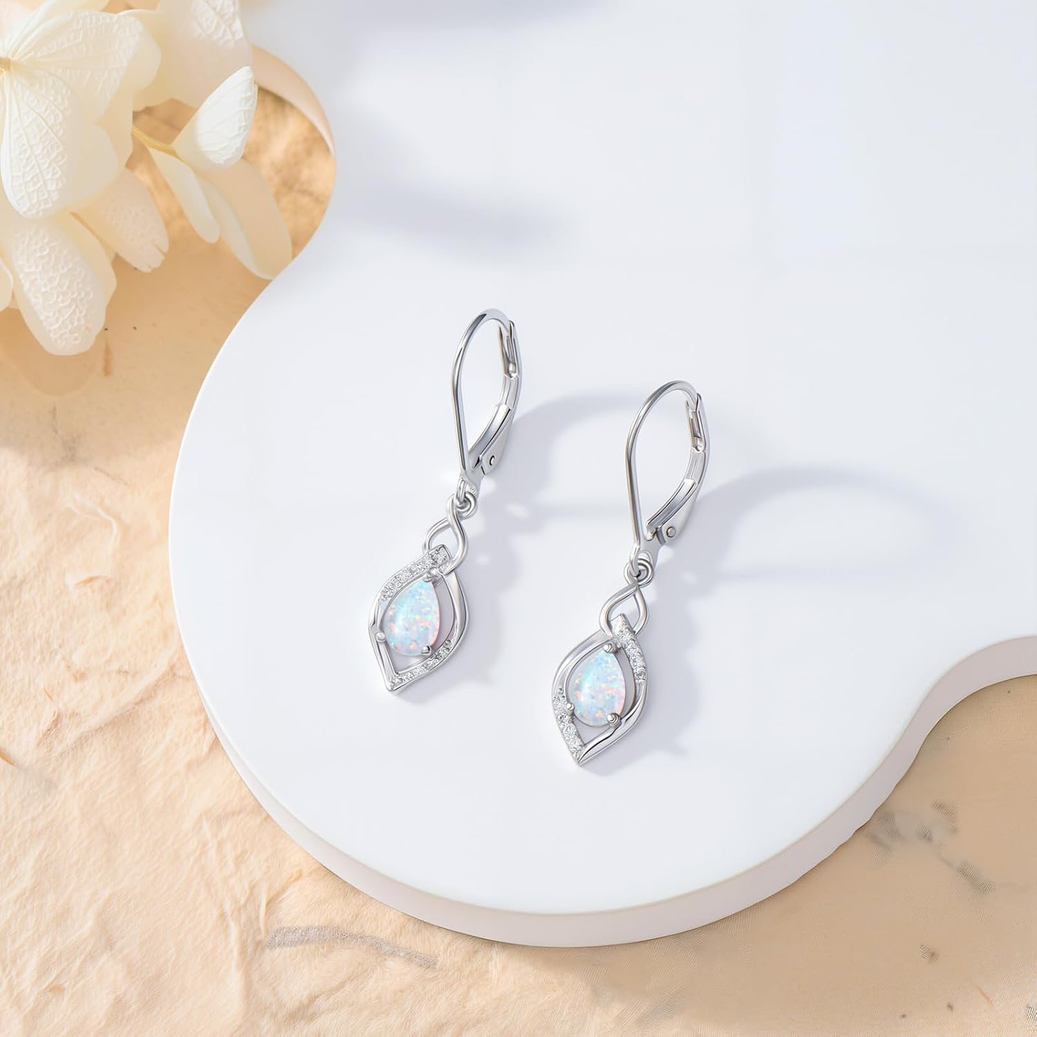 S925 Sterling Silver Opal with Genuine Diamond Earrings for Women October Birthstone Leverback Dangle Earring Birthday Valentine's Day Christmas Gift for Her - Image 6