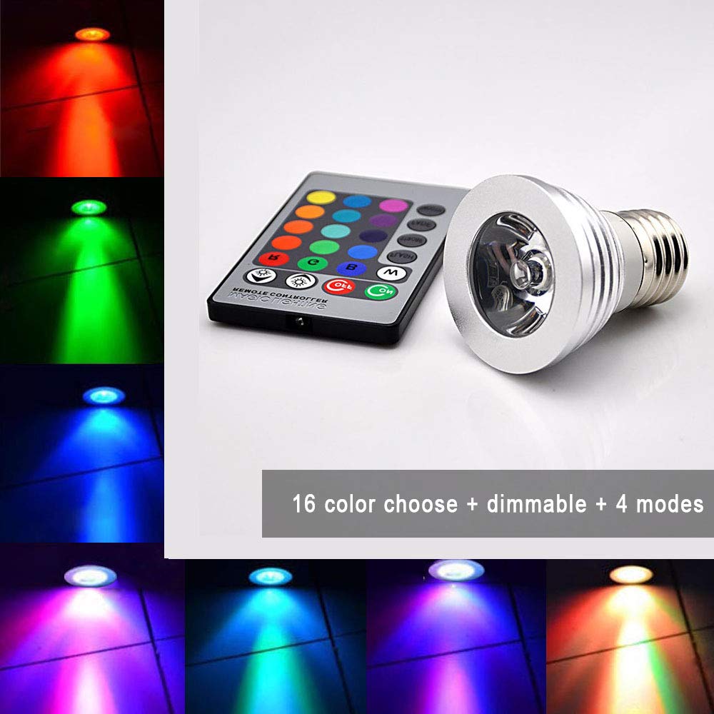 Generico Lampadina LED E27 con Telecomando, 3 W, 16 Colori a Scelta, con Funzione di Memoria, faretti a Risparmio energetico, Illuminazione d'atmosfera, Confezione da 6 lampadine