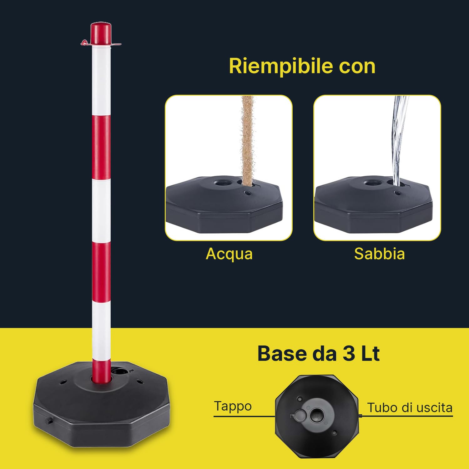 Paletti Delimitazione Set 4 con Catena 2 Metri e Base Zavorrabile 3L – Dissuasore Parcheggio PE Alta Visibilità, Paletti Parcheggio Privato, Paletti per Recinzione Interno Esterno