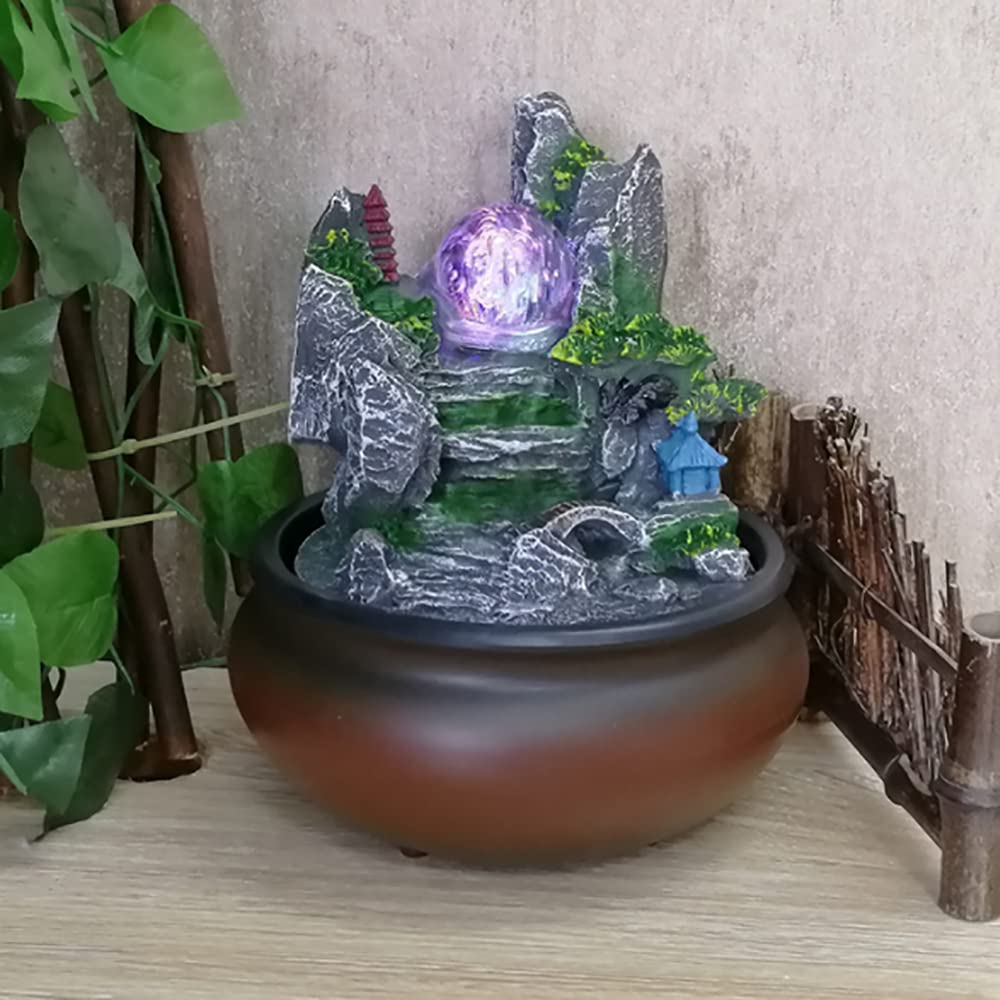 HarBin-Star Kamerfontein met ledverlichting, tafelfontein, waterval met mist en kristallen bol, groene plantenfontein, tuinaquariumhars, desktopfontein, kamerfontein, 34 x 24 x 34 cm