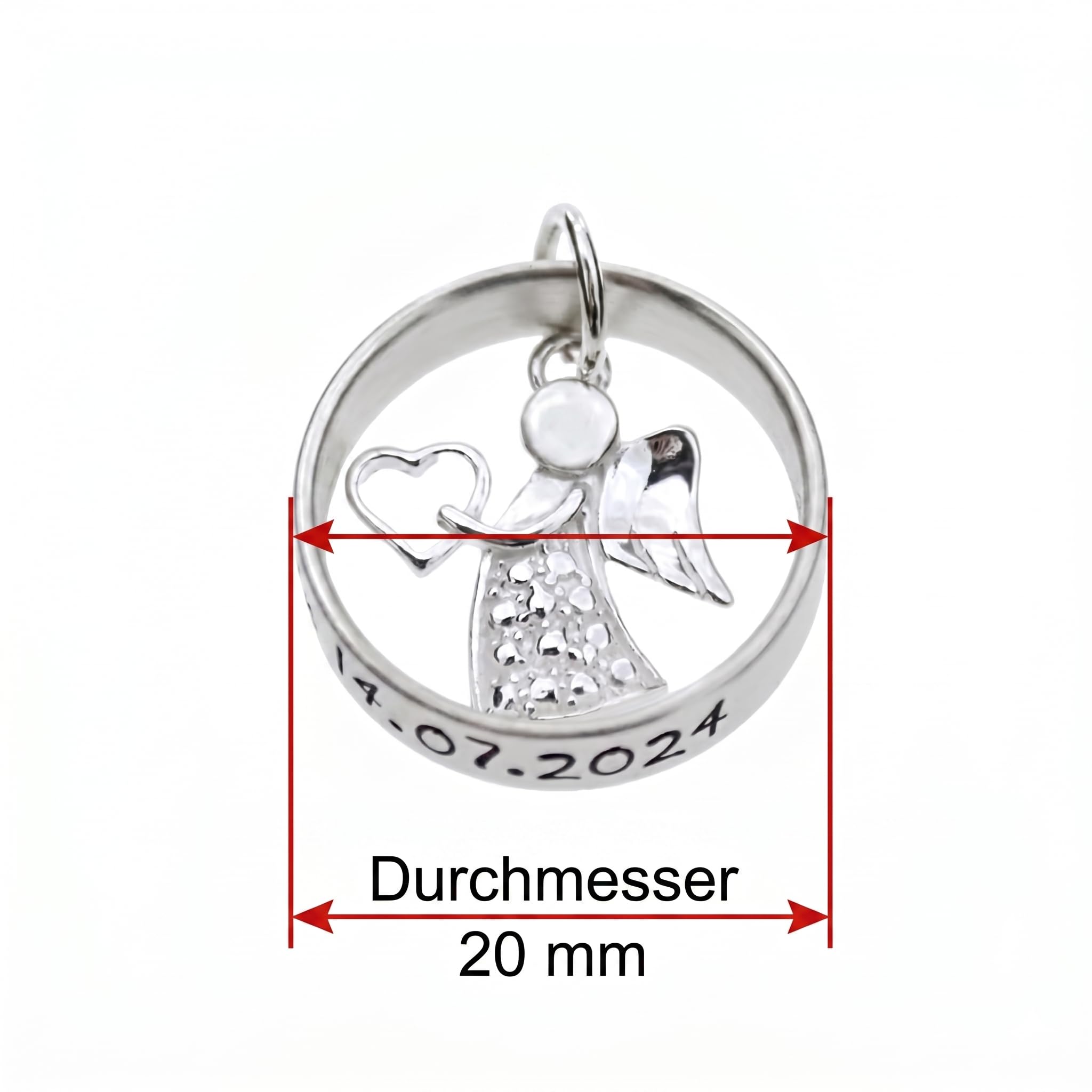 Personalisierte Schutzengel Kette Silber 925 mit Gravur-Ring – Damen & Kinder Halskette mit Engel-Anhänger & Herz – Individuelles Taufgeschenk, Kommunion oder Geburtstag – Durchmesser 20mm