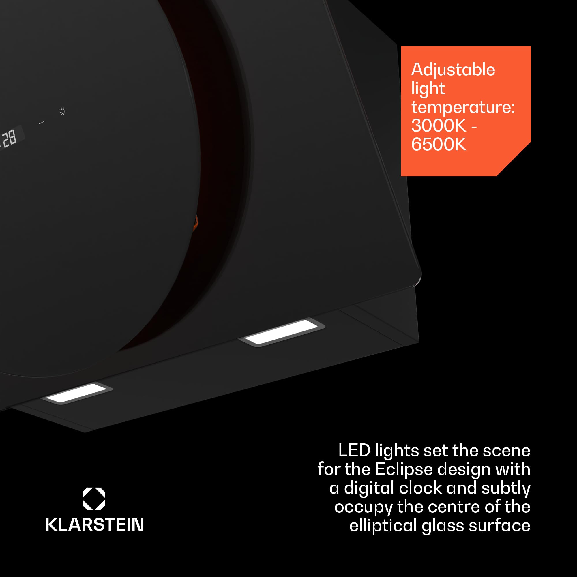 Klarstein Total Eclipse Okap kuchenny - Okap skośny 60 cm, Oświetlenie LED 3000 K-6500 K, 600 m³/h, Sterowanie dotykowe, Klasa energetyczna A, 61 dB, Recyrkulacja i wyciąg, Czarny