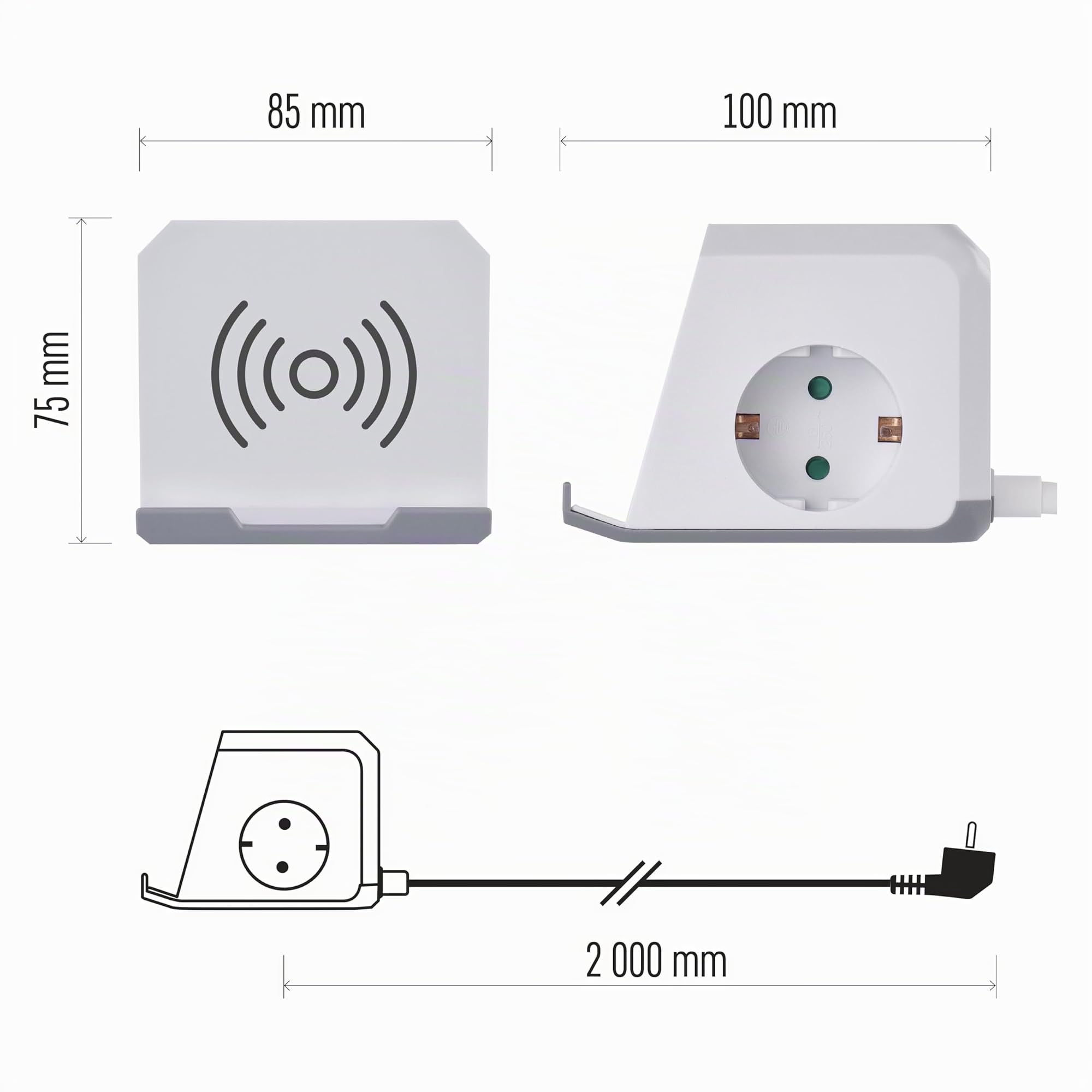 EMOS Steckdosenwürfel mit USB und QI Ladestation, 2X Schuko-Steckdosen, 2X USB-A Port, 1x USB-C Port, 1x Qi Ladestation mit Handy-Ständer, 2m Kabel, erhöhter Berührungsschutz