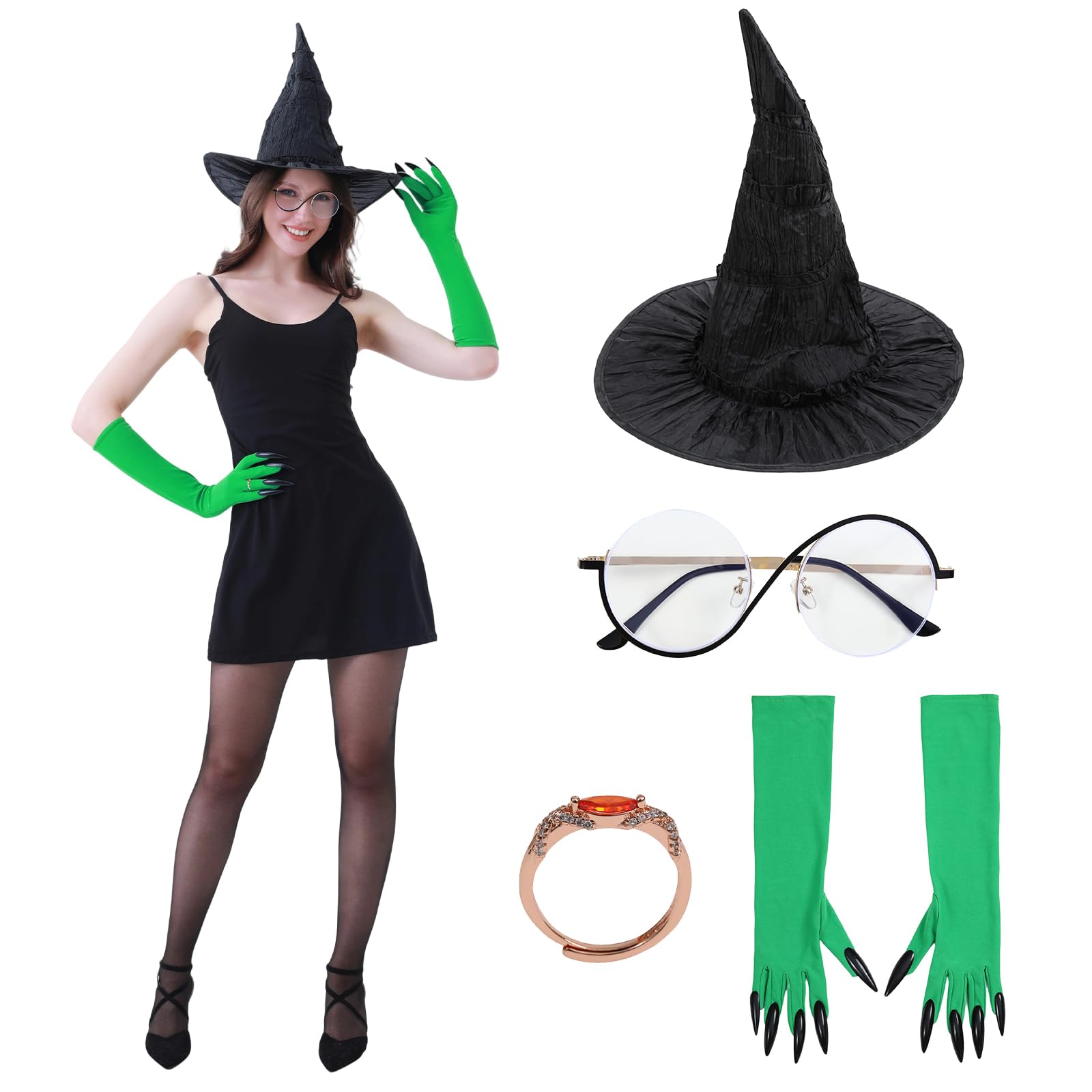 Dozesheep 4 Pcs Wicked Witch Halloween cosplay Costumes, Witch Hat Glasses Ring Green Gloves Halloween Carnival Party