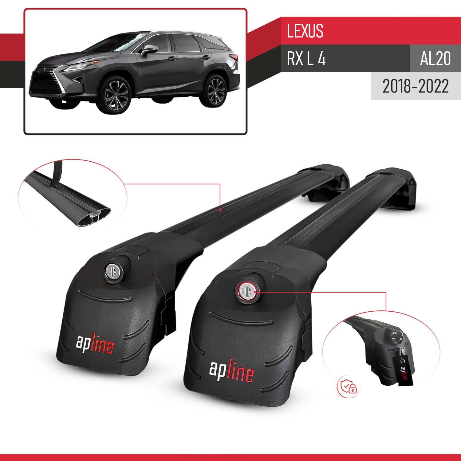 Kompatybilny z Lexus RX 350hL 450L (AL20) 2018-2022 ACE-2 Model Aluminiowe poprzeczki dachowe Czarny 2 szt.