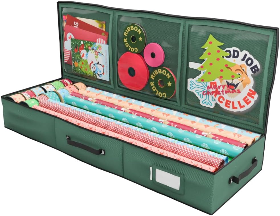 Primode Wrapping Paper Storage Container | Gift Wrap Organizer Under Bed | 41”x14”x6” | Box Holder for 18-24 Rolls Up to 40” | 600D Oxford Material | Pockets for Ribbon, Bows, and Accessories (Green)